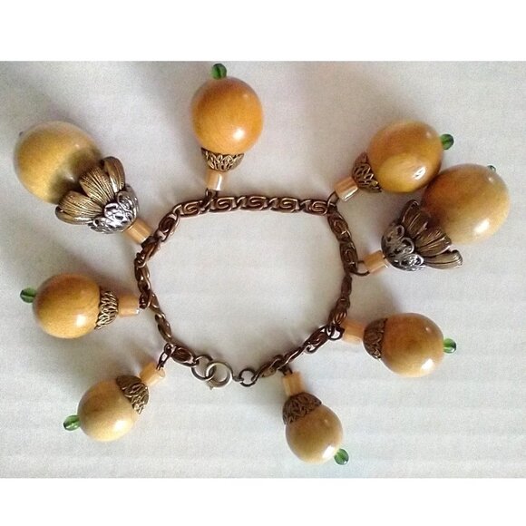 Vintage Acorn Chunky Statement Bracelet - Brass/Coppertone Metal Chain - Picture 1 of 7